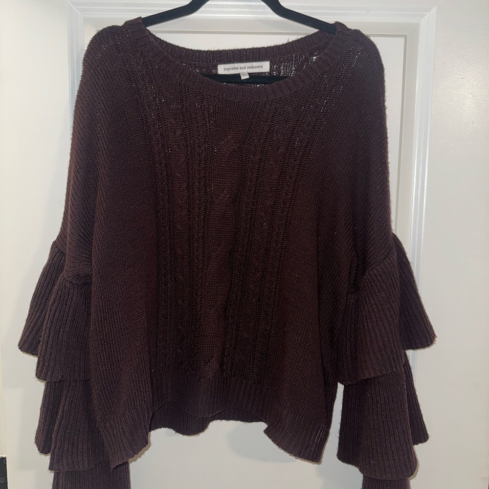 Cupcakes & Cashmere Plum Crew Neck Sweater with Ruffled Sleeves